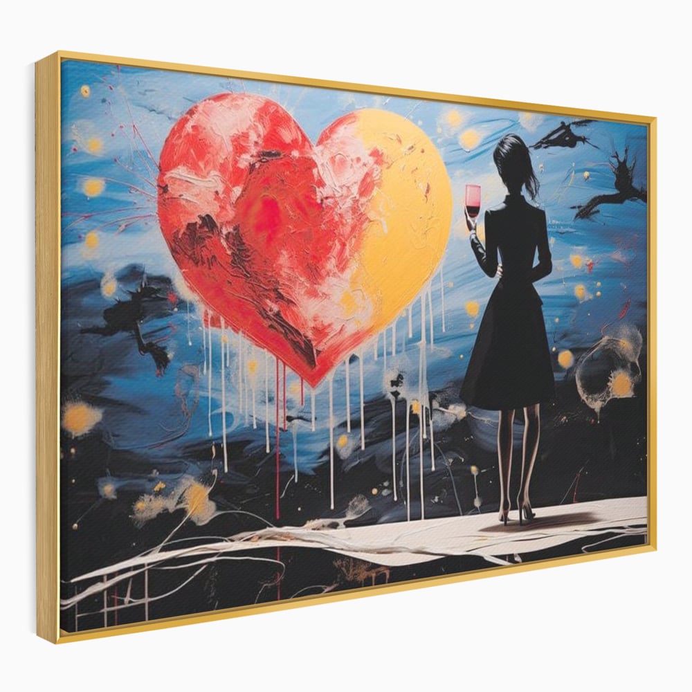 Tablou canvas cu tablou canvas cu femeie si inima uriasa, in rama de aluminiu auriu
